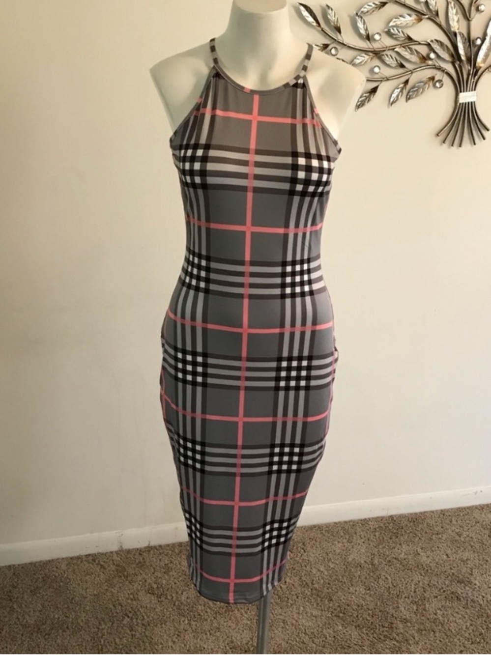 Sleeveless Gray Plaid Halter Bodycon Dress with Pink Accents